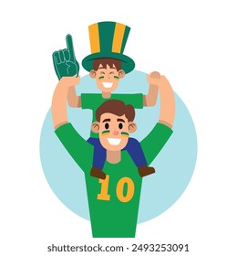 father and son fans sports fans, little soccer fan, vector illustration.