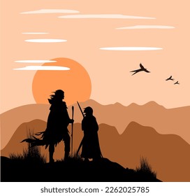 Father and son in fantasy landscape dark ages