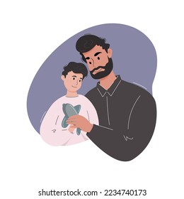 Father with son. Father's Day greeting card, father playing with his little son. Vector illustration in flat style.