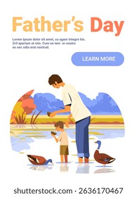 Pai e filho alimentando patos lago natureza vinculando outono paisagem ao ar livre atividade site banner