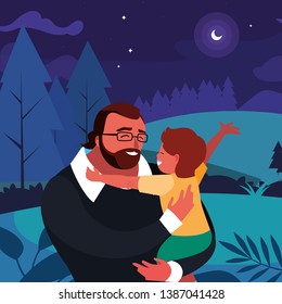 father with son in the field at night