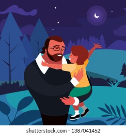 father with son in the field at night