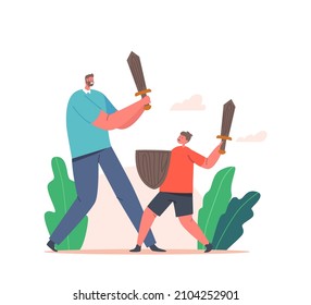 Father and Son Fighting on Wooden Swords, Happy Family Characters Playing in Knights Outdoors. Dad and Boy Fooling, Parenting, Childhood, Togetherness Concept. Cartoon People Vector Illustration