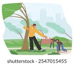 Father and son fighting with strong wind trying to save lives clinging tree trunk in city park vector illustration. People characters getting into trouble of strong hurricane natural disaster