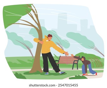 Father and son fighting with strong wind trying to save lives clinging tree trunk in city park vector illustration. People characters getting into trouble of strong hurricane natural disaster