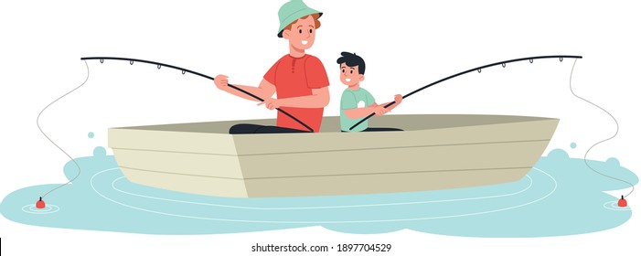 Father and son fishing from boat. Flat design illustration. Vector