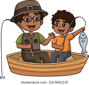 Father and Son Fishing Cartoon Colored Clipart 