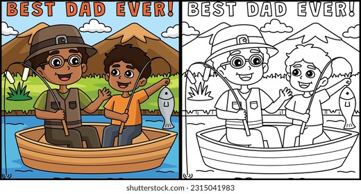 Father and Son Fishing Coloring Page Illustration