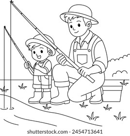 El padre y el hijo están pescando página para colorear. Ilustración vectorial del día del padre 