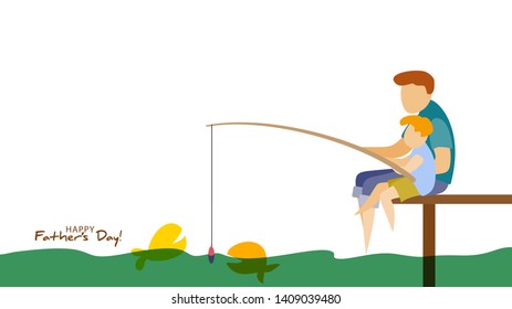 Father and son fishing. Happy father's day card. Flat style. Vector illustration