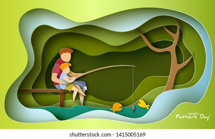 Father and son fishing. Happy father s day card. Paper cut style. Vector illustration