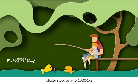 Father and son fishing. Happy father s day card. Paper cut style. Vector illustration