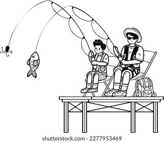 father and son fishing illustration in doodle style isolated on background