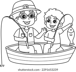 Father and Son Fishing Isolated Coloring Page