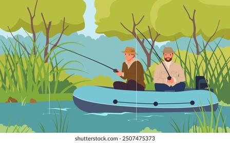 Father and son fishing in lake or river landscape. Family leisure, fisherman characters holding fishing rods to catch fish while sitting in rubber boat floating on water cartoon