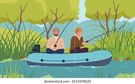 Padre e hijo pescando en el paisaje del lago o del río. Ocio de la familia, personajes del pescador que sostienen las cañas de pescar para pescar mientras que se sienta en el bote de goma que flota en la Ilustración vectorial de dibujos animados del agua