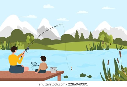 Father and son fishing. Man and boy sitting on pier with fishing rod in hands, spending time together in summer or spring. Leisure and hobby, outdoor activities. Cartoon flat vector illustration