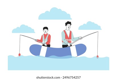 Father and son fishing. Man and boy with fishing rods sitting on inflatable boat in center of lake. Adult and kid with hobby and leisure. Linear vector illustration isolated on white background