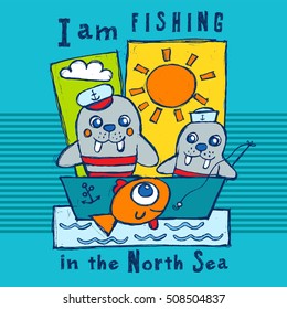 Father and son are fishing in the north sea. Hand drawn vector illustration. Graphic design for summer collections