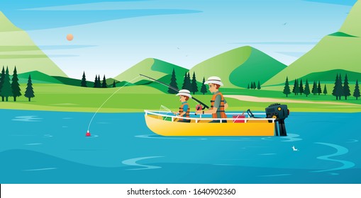 Father and son fishing on a boat with a mountain in the background.