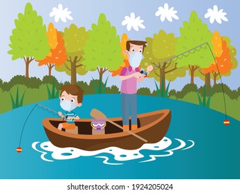 Father and son fishing on boat cartoon vector concept for banner, website, illustration, landing page, flyer, etc.