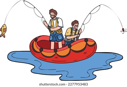 father and son fishing on a boat illustration in doodle style isolated on background