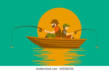 father and son fishing on boat on a lake