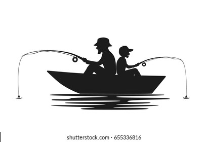 Father And Son Fishing On Boat On A Lake Silhouette 