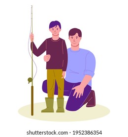 Father and son with a fishing rod. Vector illustration in flat cartoon style. Isolated on a white background.