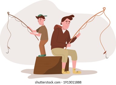 Father and son with fishing rods sitting. Flat design illustration. Vector