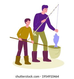 Father and son are fishing. They have a fishing rod and a net. Vector illustration in flat cartoon style. Isolated on a white background.