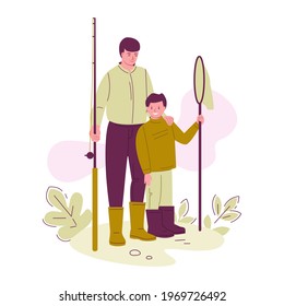 Father and son are fishing. They have a fishing rod and a net. Vector illustration in flat cartoon style.