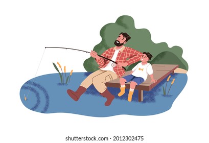 Father and son fishing together in nature. Happy dad and child resting by water. Bonding outdoor activity of parent and kid. Flat vector illustration of pa and boy isolated on white background.