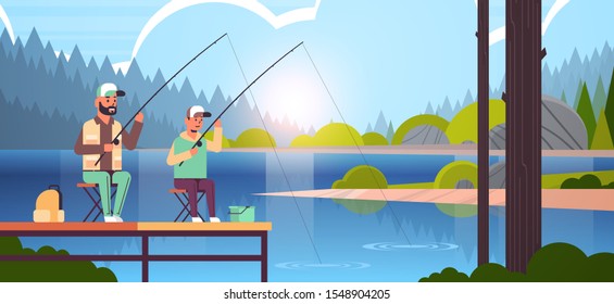 father and son fishing together from pier man with little boy using rods happy family weekend fisher hobby concept water horizon forest landscape background flat full length horizontal vector