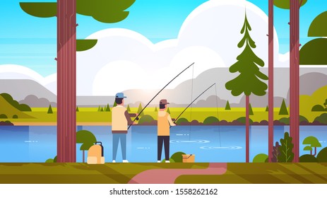 father and son fishing together rear view man with little boy using rods happy family weekend fisher hobby concept sunset mountains landscape background flat full length horizontal vector illustration