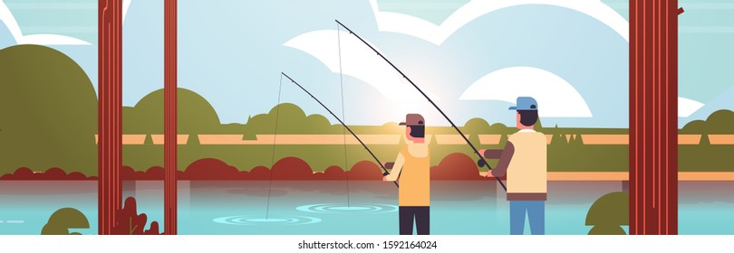 father and son fishing together rear view man with little boy using rods happy family weekend fisher hobby concept sunset mountains landscape background flat portrait horizontal vector illustration.