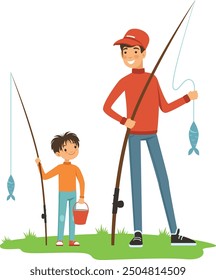 Father and son fishing together. Summer family activity