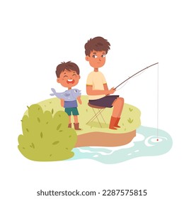 Father and son fishing together vector illustration. Cartoon dad fisherman sitting with fishing rod near water of river or summer lake to catch fish, happy boy playing, family hobby activity outside