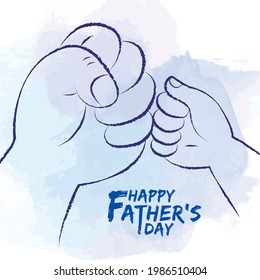 Father and son fist bump in line art style on blue watercolor background. Happy Father's day. Close-up cartoon hands gesture of  a child and adult. Fatherhood lifestyle. Flat design.