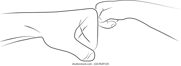 Father and son fist bump in line art style. Happy Father's day. Close-up cartoon hands gesture of a child and adult. Fatherhood lifestyle. Flat design.