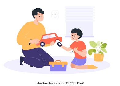 Father and son fixing broken toy car flat vector illustration. Dad and kid sitting on floor at home and screwing in wheel of auto together. Family, help, togetherness, love concept