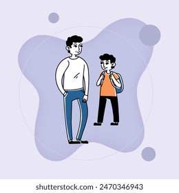 Padre e hijo Ilustración vectorial plana. Hombre y niño con mochila. Familia, edad, concepto de generación para Anuncio, diseño de Sitio web o página de Web de aterrizaje