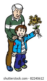 Father and son with flowers