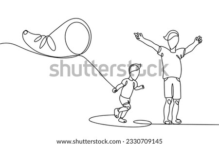 Father and son fly a kite. Joyful pastime. International Kite Day. One line drawing for different uses. Vector illustration.