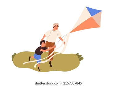 Father and son fly kite together. Happy dad and kid playing, spending time in nature. Family, man parent and boy child outdoor on summer holiday. Flat vector illustration isolated on white background