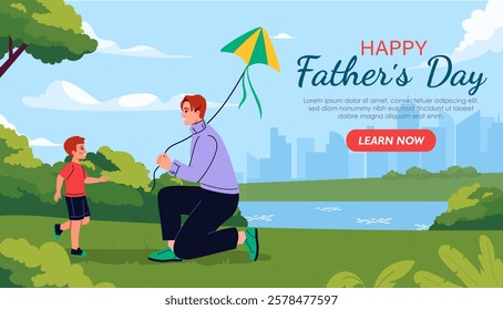 A father and son flying a kite in a park with greenery, a lake, and a cityscape in the background. A Father's Day banner design. Vector illustration