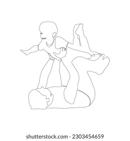 Father and son flying pose continuous line drawing. lifting excited little child son single line drawing. Father's day concept line art. father's day