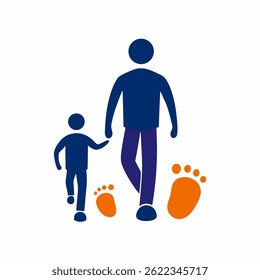 Father and son. Foot prints foot steps. Father`s Day greeting vector Illustration with a white background.
