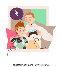 Father and Son with Gamepad Playing Computer Game and Having Fun Together Enjoying Recreation Activity Vector Illustration