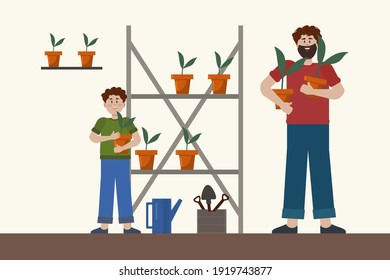 Padre e hijo en el jardín. Concepto vectorial de la familia y creación de un huerto doméstico. Ilustración de dibujos en estilo plano. Papá y su hijo son jardineros. Ilustración del vector